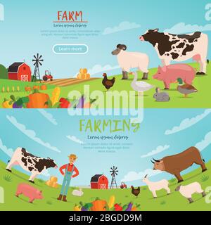 Illustrations vectorielles de l'comptabilité. Bannières avec paysage agricole avec maison, transport et animaux domestiques Illustration de Vecteur