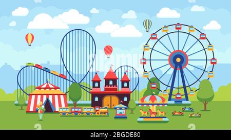 Parc d'attractions de dessin animé avec cirque, carrousels et illustration vectorielle de montagnes russes. Parc du cirque et caricature du carrousel amusant, amusement et carnaval Illustration de Vecteur
