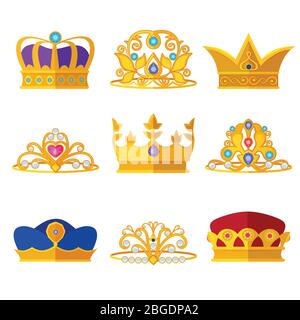 Les diadèmes de princesse et les couronnes dorées des rois et des reines. Vecteur défini isoler sur blanc Illustration de Vecteur