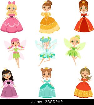 Caricature des princesses fantaisie drôle dans différentes robes et costumes. Jeu d'illustrations vectorielles de conte de fées Illustration de Vecteur