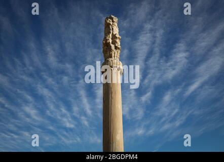 Vue partielle de la colonne de pierre, Persepolis, Marvdasht, Fars Province, Iran, Perse, Moyen-Orient. Banque D'Images