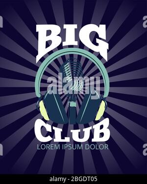 Club Karaoke, logo vectoriel de studio de disques audio avec microphone et casque Illustration de Vecteur