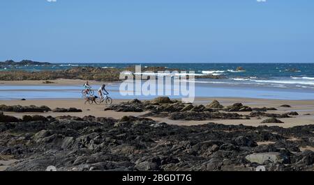 SUNNYSIDE BAY CULLEN MORAY FIRTH SCOTLAND CYCLISTES ET CHIEN SUR LA PLAGE DE SABLE Banque D'Images