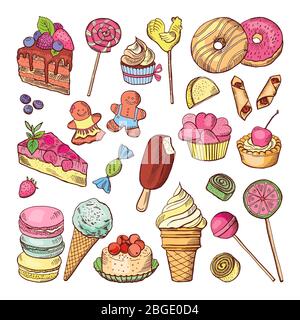 Desserts de mariage, bonbons cupcakes et glace dans le style dessiné à la main. Collection de coloriage de dessin vectoriel Illustration de Vecteur