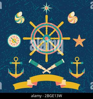 Affiche pour les enfants de Nautical Marine Circle. Style de dessin animé avec effets de grunge Illustration de Vecteur