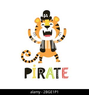 Ensemble animaux africains. Caricature adorable pirate de tigre. Illustration de Vecteur