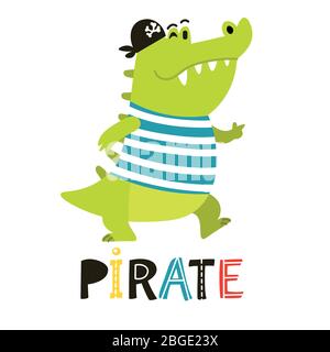 Collection d'animaux africains adorables pirates isolés sur fond blanc. Mignonne pirate crocodile Illustration de Vecteur