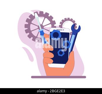 Smartphone homme de bande dessinée proche entouré de mécanismes et d'outils Illustration de Vecteur