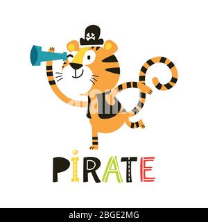 Ensemble animaux africains. Caricature adorable pirate de tigre. Illustration de Vecteur