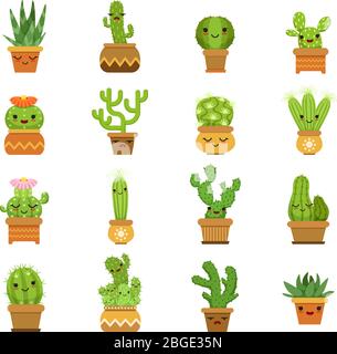 De jolies plantes du désert. Cactus en pots, mascotte de dessin animé vectoriel avec différentes émotions Illustration de Vecteur