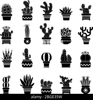 Silhouette vectorielle de plantes du désert. Illustrations monochromes de cactus décoratif dans des pots. Icônes occidentales Illustration de Vecteur