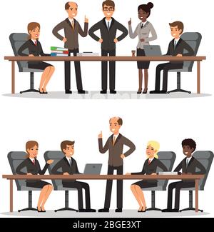 Caractère professionnel à la table dans la salle de conférence. Homme et femme en costume riche. Jeu d'illustrations vectorielles Illustration de Vecteur