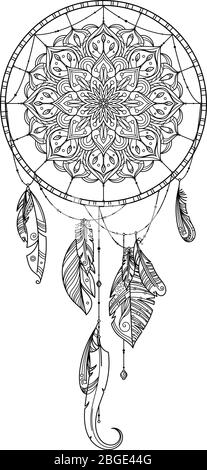 dreamcatcher dessiné à la main avec plume d'oiseaux. Illustration vectorielle Illustration de Vecteur