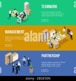 Les gens au travail dans ses bureaux. Homme d'affaires sur le lieu de Bannières horizontales définies avec des illustrations isométriques Illustration de Vecteur