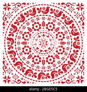 Noël scandinave folk vector design mandala - hiver ronde festive motif, carte de voeux de Noël avec fleurs, oiseaux et flocons de neige Illustration de Vecteur