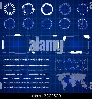 Interface hud futuriste SCI. Ecran technologique moderne avec panneaux d'illustration vectorielle. Ecran numérique haute technologie, affichage tableau de bord hud Illustration de Vecteur