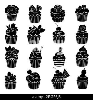 Grand jeu monochrome de cupcakes et muffins différents. Illustrations vectorielles noires Illustration de Vecteur