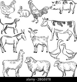 Animaux de ferme vintage. Illustration de l'agriculture de style dessiné à la main Illustration de Vecteur