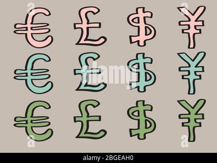 illustration vectorielle de caractères spéciaux pour l'euro, la livre, le dollar et le yen. Ensemble de signes de monnaie de dessin animé en trois couleurs isolées sur fond brun. Illustration de Vecteur
