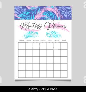 Modèle de planificateur mensuel avec la nature et les éléments tirés à la main. Illustration vectorielle Illustration de Vecteur