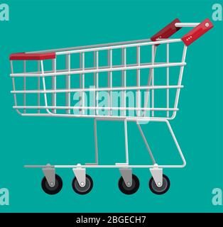 Panier vide de supermarché isolé sur fond blanc. Chariot en métal sur roues. Illustration vectorielle en style plat Illustration de Vecteur
