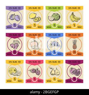Cartes de prix avec différentes illustrations de fruits dans le style dessiné à la main. Photos de fermiers Illustration de Vecteur
