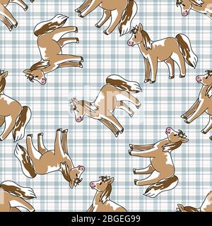 Joli motif vectoriel sans couture à motif cheval. Equine équestre dessinée à la main pour illustration de la rachorse. Le PET pond tout sur l'impression sur fond de vérification. Ferme Illustration de Vecteur
