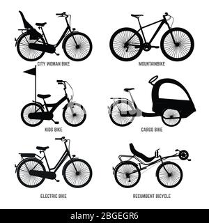 Silhouette de vélos différents pour les enfants, l'homme et la femme. Illustrations vectorielles monochromes Illustration de Vecteur