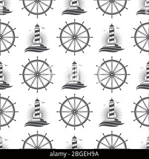 Motif marin sans coutures avec phare et roue vintage. Illustration vectorielle Illustration de Vecteur