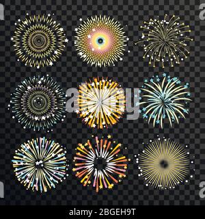Feux d'artifice gigantesques avec grande explosion. Flamme en rafale. Les illustrations vectorielles s'isolent sur un arrière-plan transparent Illustration de Vecteur