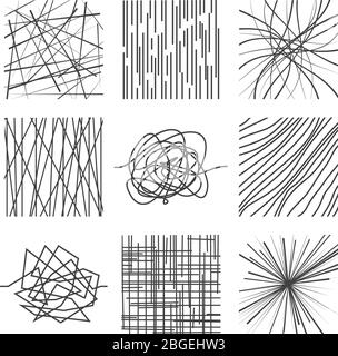 Lignes asymétriques chaotiques aléatoires. Ensemble de motifs vectoriels linéaires modernes abstraits. Illustration de la ligne, courbe graphique structure irrégulière Illustration de Vecteur