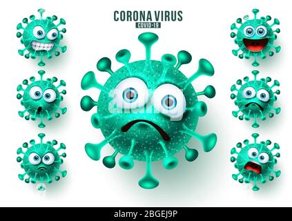 Nouvel ensemble vectoriel d'émoticônes de virus corona. Virus Ncov covid19 émojis et émoticônes avec des expressions faciales pour l'infection virale mondiale. Illustration de Vecteur