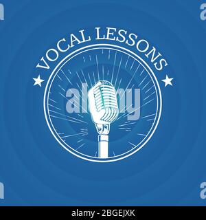 Logo Vector vocal leçons avec microphone rétro sur fond vintage Sunburst Illustration de Vecteur