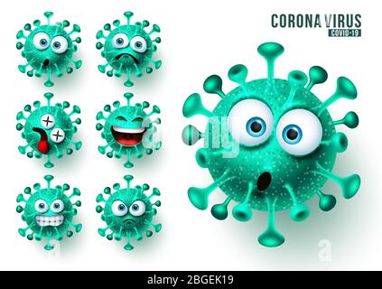 Ensemble vectoriel Covid19 ncov emojis. Virus Corona covid19 émojis et émoticônes avec des expressions faciales effrayantes et en colère pour la pandémie virale mondiale. Illustration de Vecteur