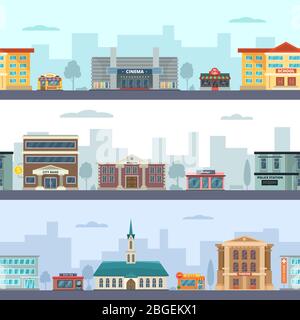 Plan horizontal transparent des paysages urbains avec bâtiments municipaux et différents magasins commerciaux et lieux de marché Illustration de Vecteur