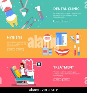 Trois bannières horizontales du concept de médecine. Photos dentaires de dents de forage. Accessoires médicaux du dentiste Illustration de Vecteur