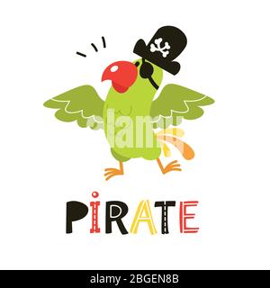 Joli perroquet pirate de dessin animé. Collection de pirates adorables isolés sur fond blanc Illustration de Vecteur