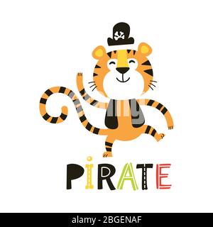 Ensemble animaux africains. Caricature adorable pirate de tigre. Illustration de Vecteur