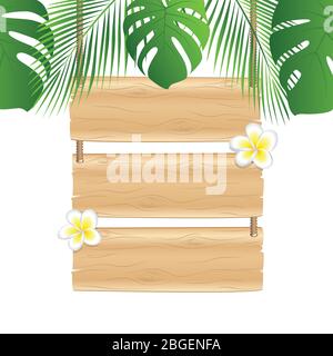 Panneau de suspension en bois vierge avec fleur de frangipani sous feuilles de palmiers illustration vectorielle de design tropical EPS10 Illustration de Vecteur