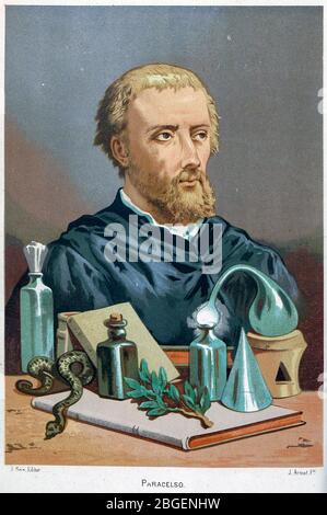 Paracelsus [Paracelso] (1493/1494 – 24 septembre 1541), né Theophrastus von Hohenheim, était médecin suisse, alchimiste, théologien et philosophe de la Renaissance allemande. De l'ouvrage la ciencia y sus hombres : vidas de los sabios ilustres desde la antigüedad hasta el siglo XIX T. 2 [Science et ses hommes: Vies des illustres sages de l'antiquité au 19ème siècle Vol 2] par Figier, Louis, (1819-1894); Casabó y Pagés, Peleín, n. 1831 publié à Barcelone par D. Jaime Seix, rédacteur en chef , 1879 (imprenta de Baseda y Giró) Banque D'Images
