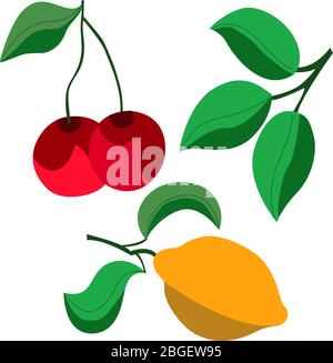 Ensemble vectoriel de citron, cerises et feuilles sur fond blanc, dans un style plat Illustration de Vecteur