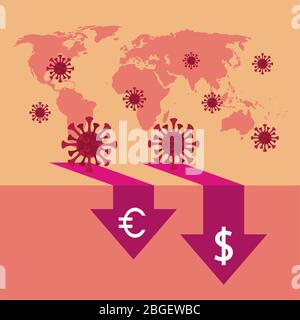 statistiques économiques et covid19 avec flèches sur les cartes de la terre Illustration de Vecteur