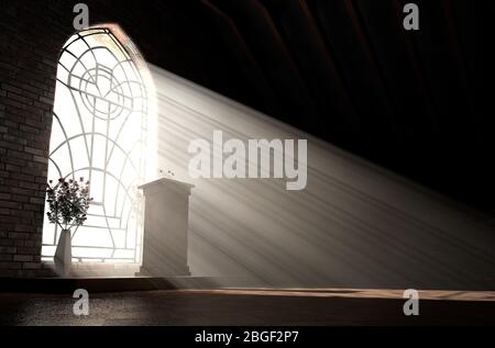 Intérieur d'une église sombre éclairé par des rayons du soleil pénétrant dans une fenêtre en verre dans le motif d'un crucifix brillant sur une chaire de parole - rendu tridimensionnel Banque D'Images
