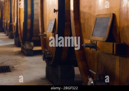 Cave historique du Piémont, Italie, avec des fûts de chêne slavonien pour le vieillissement des vins rouges Banque D'Images