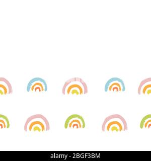 Ligne géométrique de pinceau vectoriel sans couture bordure arc-en-ciel sur fond blanc. Texture de brosse peinte à la main dans des tons pastel sur fond blanc. Motif de la répétition de surface. Illustration de Vecteur