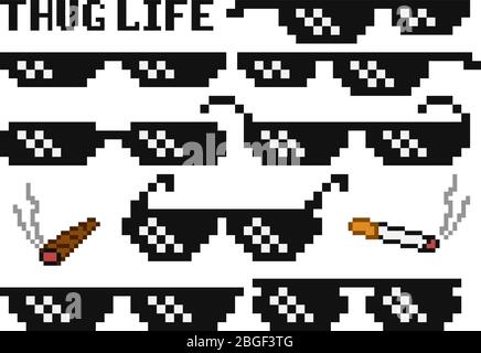 Lunettes de soleil en relief pixellisées. Gangster, verres et jeu vectoriel de cigares. Illustration des pixels des lunettes et du style des cigarettes 8 bits Illustration de Vecteur