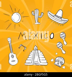 Autocollants de symbole mexique dessinés à la main. Guitare vectorielle et illustration de cactus Illustration de Vecteur