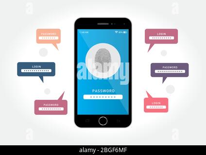 Graphiques vectoriels représentant un smartphone noir avec un système de sécurité des données par empreinte digitale. Illustration de Vecteur