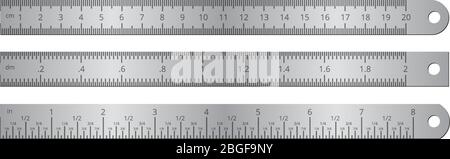 Règles d'école métalliques avec illustration vectorielle de mesure de l'échelle de mesure en pouces et en centimètres isolée sur fond blanc. Règle centimètre, millimètre, instrument avec pouce de longueur pour la mesure Illustration de Vecteur