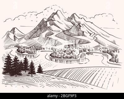 Crayon dessin paysage de montagne. Dessin animé montagnes et arbres de sapin illustration vectorielle. Paysage sketch montagne, arbre et colline de pointe Illustration de Vecteur